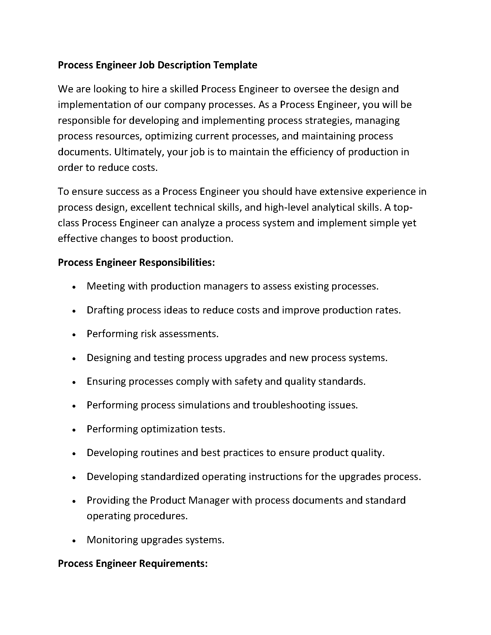 Process Engineer Job Description Template